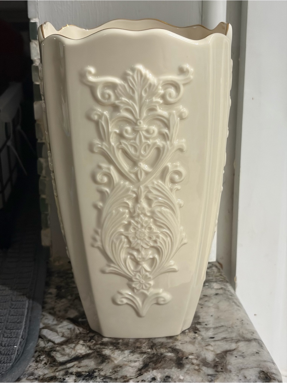Lenox Ivory Embossed Ceramic Vase with Gold Trim